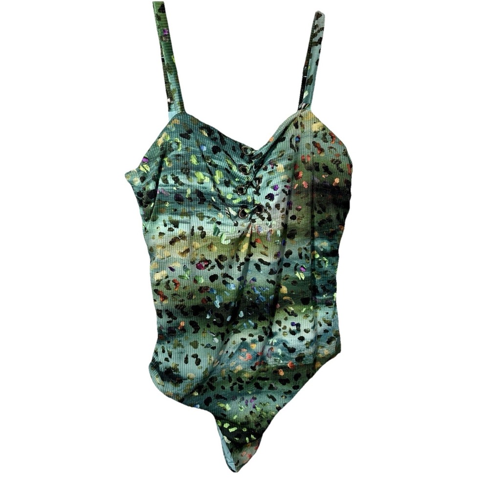 Coastal Waves Printed Rib Knit Grommet Front One Piece Size 2X Abstract